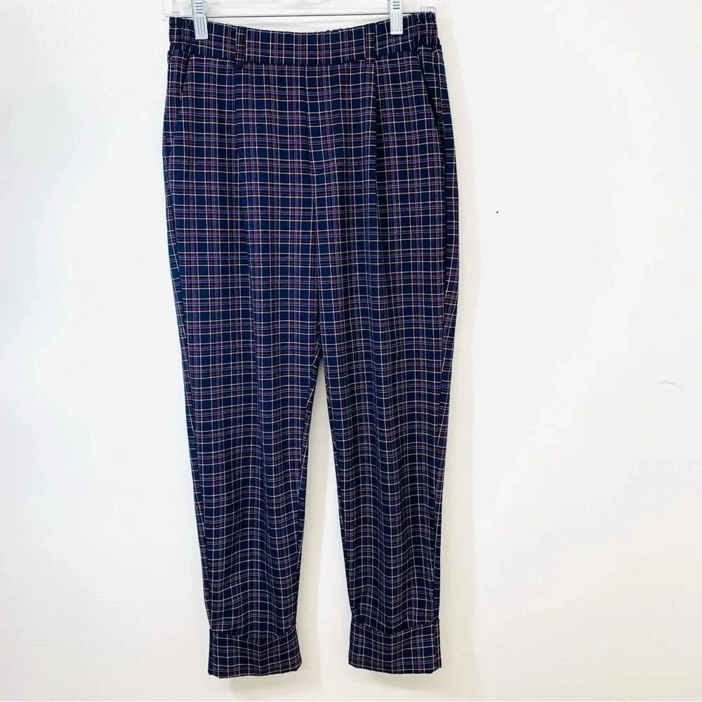 Bershka Pants Woman Size Medium  Plaid Pull‎ On Pockets Cuffed Taper Blue